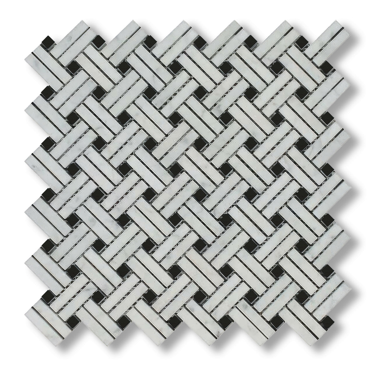 Carrara White Marble Polished Stanza Basketweave Mosaic Tile w/ Black Dots - American Tile Depot