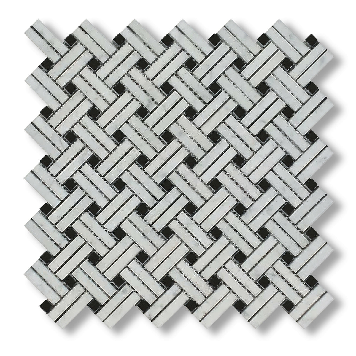 Carrara White Marble Polished Stanza Basketweave Mosaic Tile w/ Black Dots - American Tile Depot
