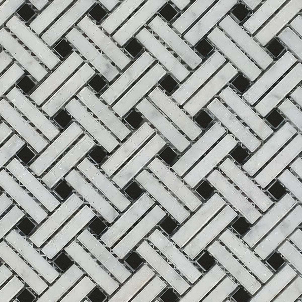 Carrara White Marble Polished Stanza Basketweave Mosaic Tile w/ Black Dots - American Tile Depot