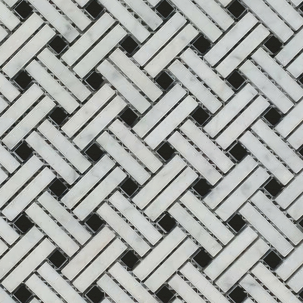 Carrara White Marble Polished Stanza Basketweave Mosaic Tile w/ Black Dots - American Tile Depot