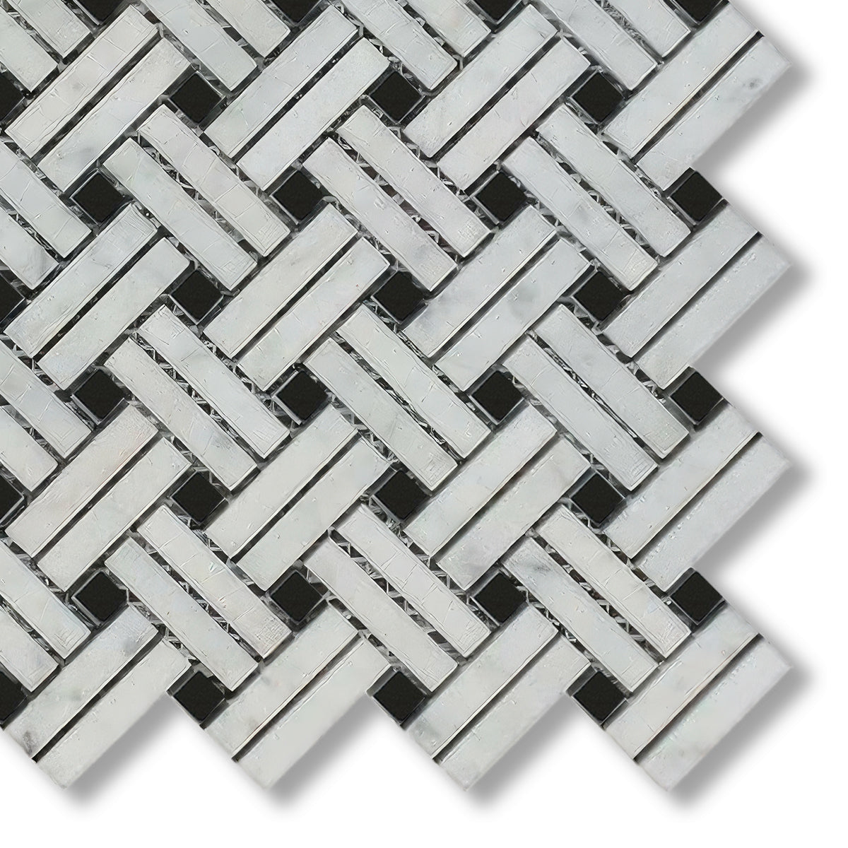 Carrara White Marble Polished Stanza Basketweave Mosaic Tile w/ Black Dots - American Tile Depot