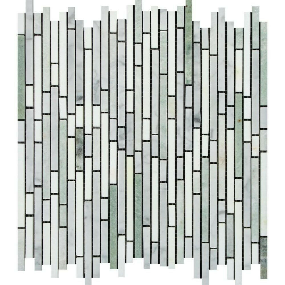 Carrara White Marble Polished Tricolor (Carrara + Thassos + Ming-Green) Bamboo Sticks Mosaic Carrara White Marble Polished Tricolor (Carrara + Thassos + Ming-Green) Bamboo Sticks Mosaic - American Tile Depot