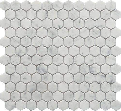 1" Mineralis Carrara Marble Polished Hexagon Stone & Glass Mosaic Tile-American Tile Depot
