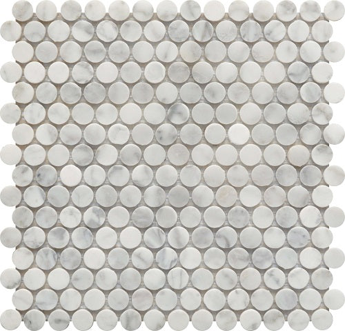 Mineralis Carrara Marble Polished Penny Stone & Glass Mosaic Tile-American Tile Depot