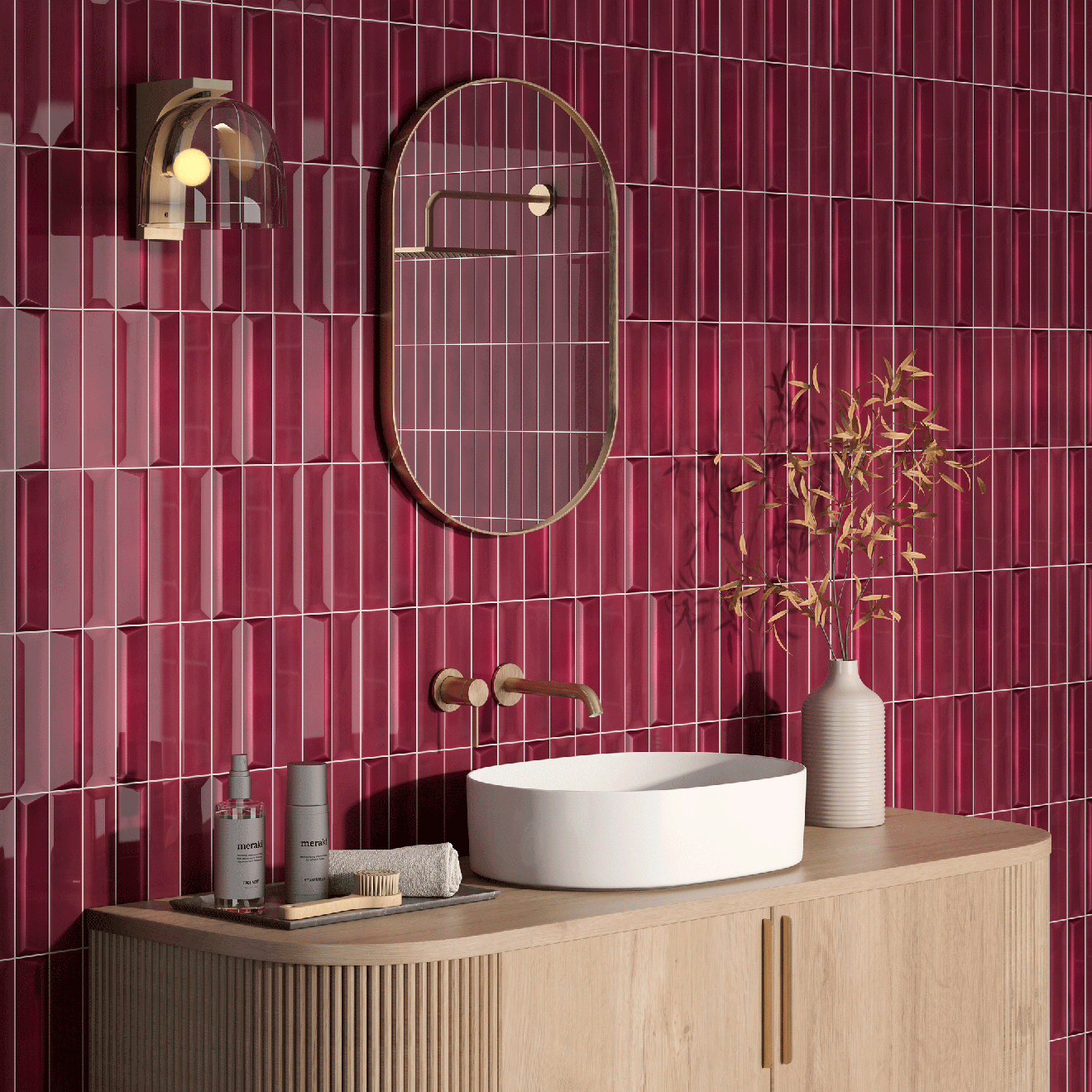 2x8 Linea Burgundy Glossy Solid Color Ceramic Mosaic Tile 2x8 Linea Burgundy Glossy Solid Color Ceramic Mosaic Tile - American Tile Depot
