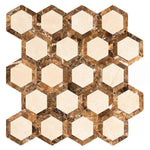 Crema Marfil Marble Honed 2" Vortex Hexagon Mosaic Tile w/ Emperador Dark Border Crema Marfil Marble Honed 2" Vortex Hexagon Mosaic Tile w/ Emperador Dark Border - American Tile Depot