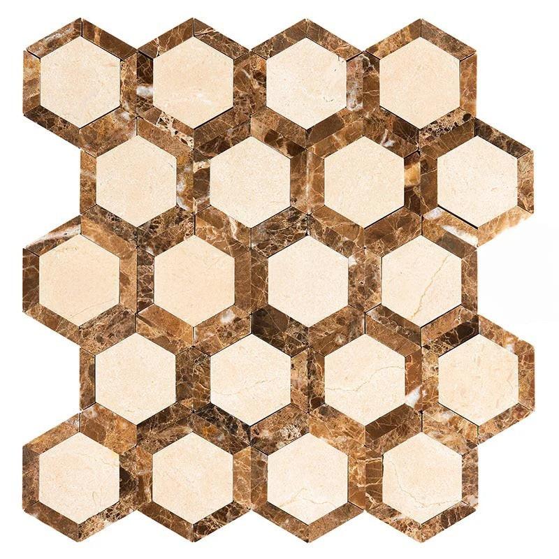 Crema Marfil Marble Honed 2" Vortex Hexagon Mosaic Tile w/ Emperador Dark Border Crema Marfil Marble Honed 2" Vortex Hexagon Mosaic Tile w/ Emperador Dark Border - American Tile Depot
