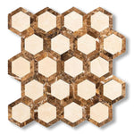 Crema Marfil Marble Honed 2" Vortex Hexagon Mosaic Tile w/ Emperador Dark Border - American Tile Depot