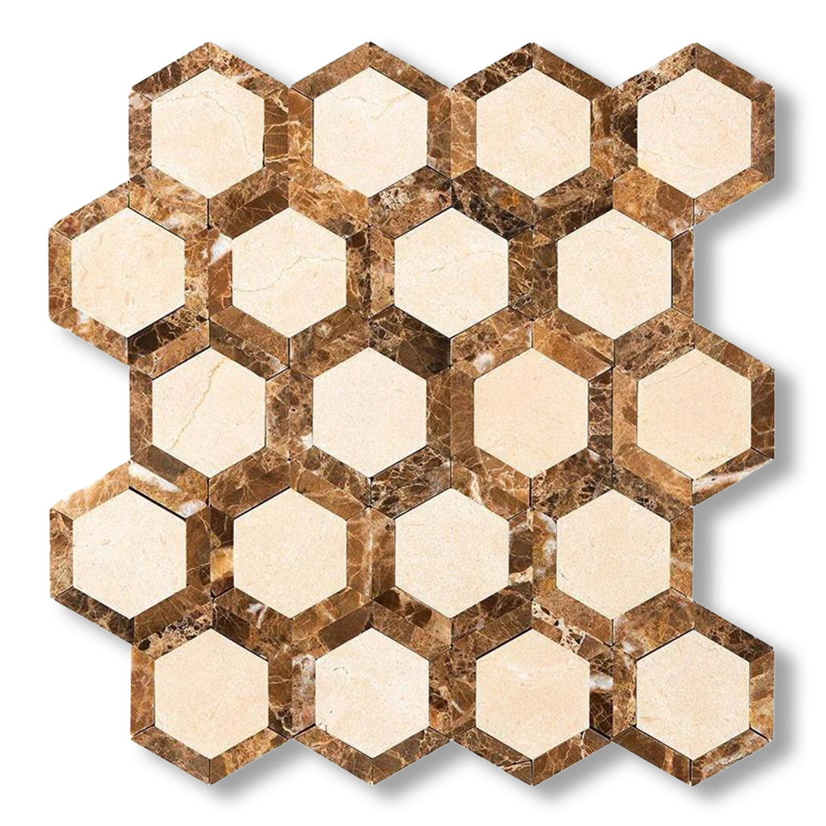 Crema Marfil Marble Honed 2" Vortex Hexagon Mosaic Tile w/ Emperador Dark Border - American Tile Depot