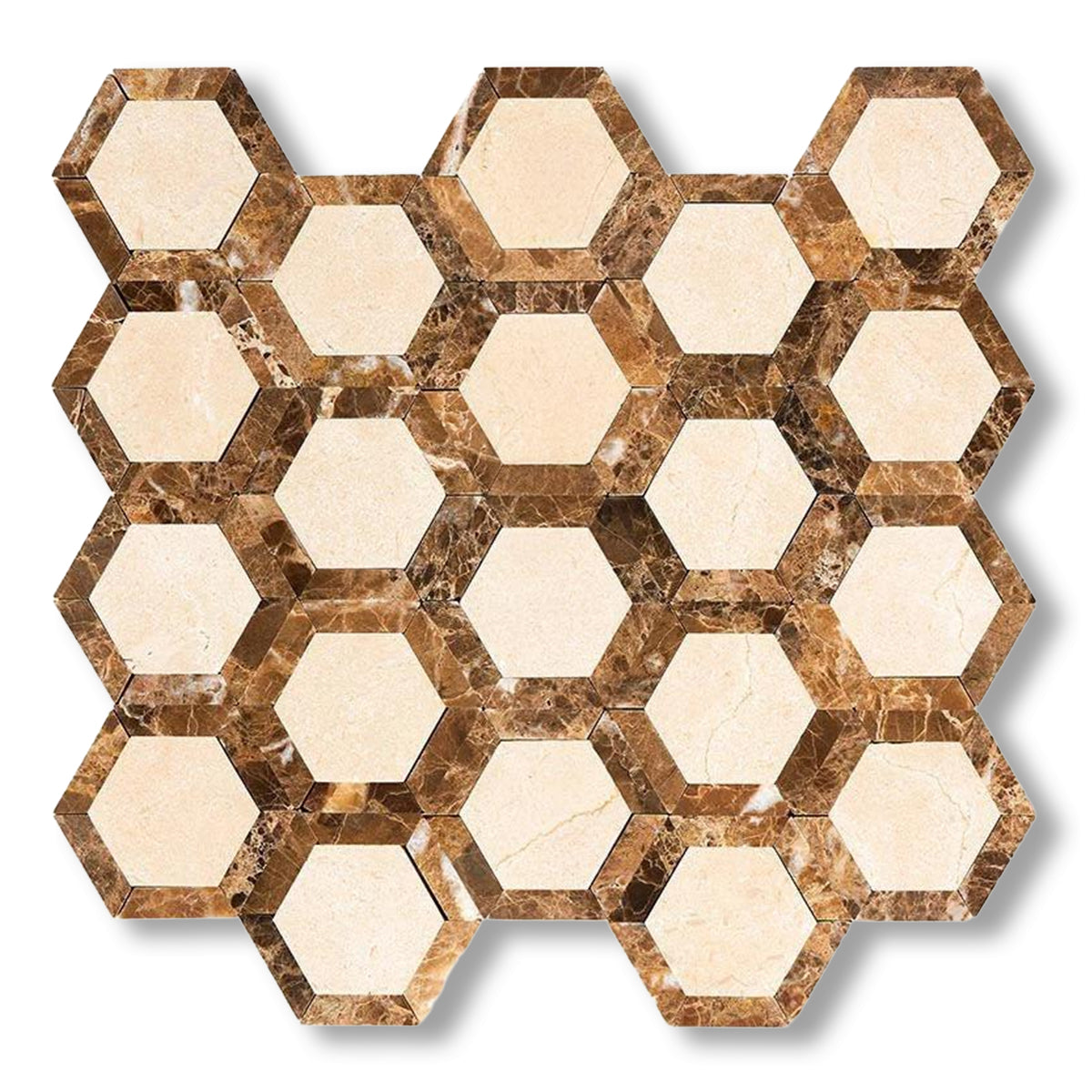 Crema Marfil Marble Honed 2" Vortex Hexagon Mosaic Tile w/ Emperador Dark Border - American Tile Depot
