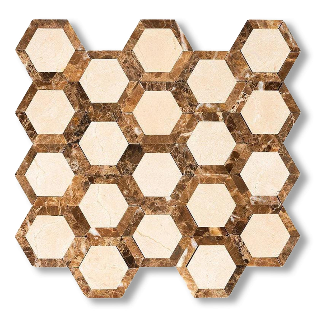 Crema Marfil Marble Honed 2" Vortex Hexagon Mosaic Tile w/ Emperador Dark Border - American Tile Depot