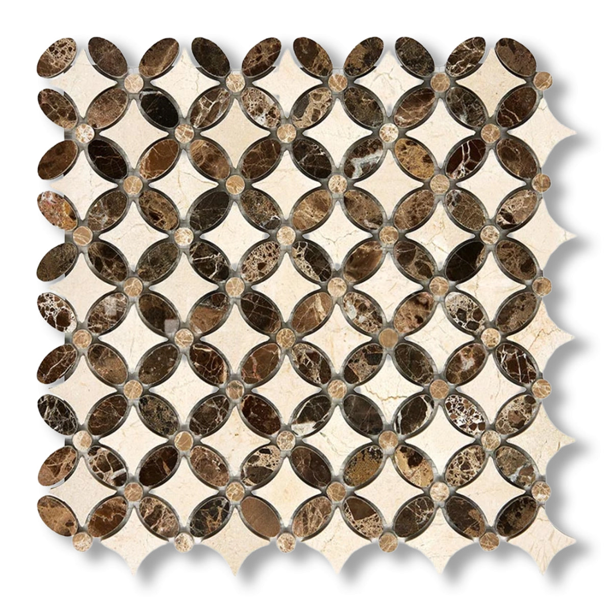 Crema Marfil Marble Polished Florida Flower Mosaic Tile w/ (Crema Marfil, Emp.Light, Emp. Dark) - American Tile Depot