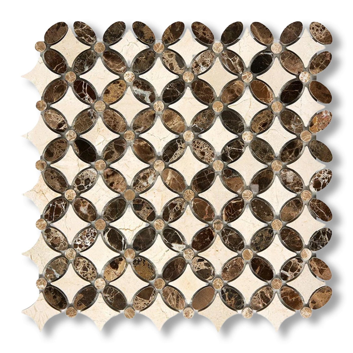 Crema Marfil Marble Polished Florida Flower Mosaic Tile w/ (Crema Marfil, Emp.Light, Emp. Dark) - American Tile Depot