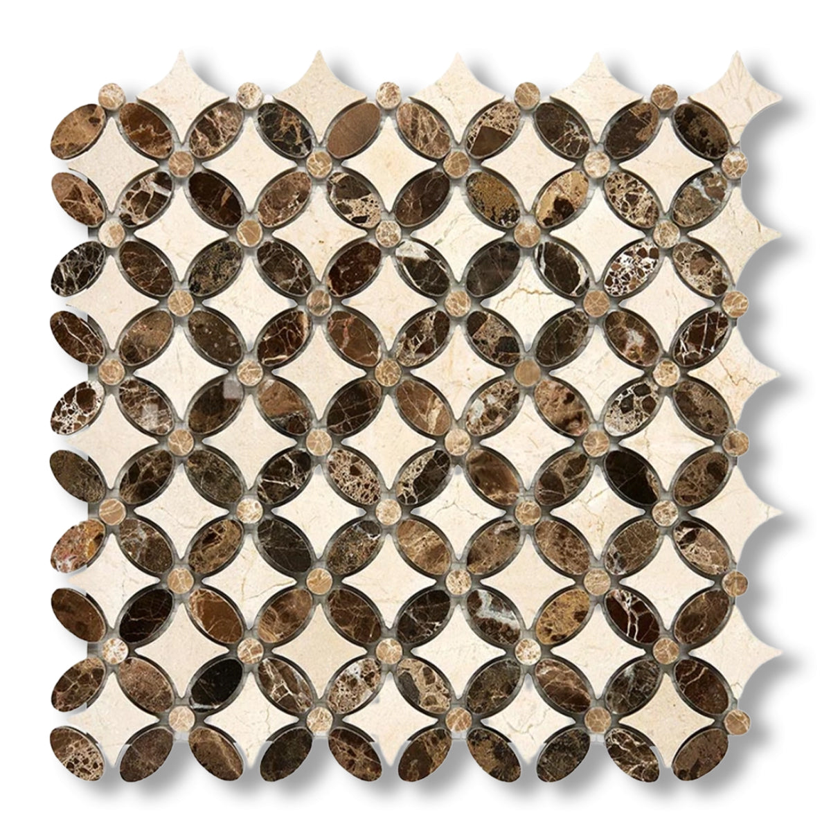 Crema Marfil Marble Honed Florida Flower Mosaic Tile w/ (Crema Marfil, Emp.Light, Emp. Dark) - American Tile Depot