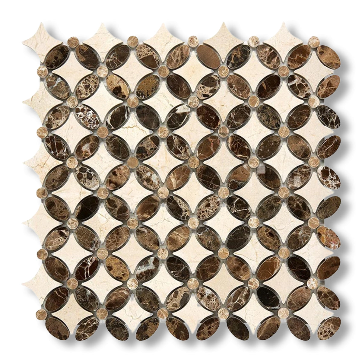 Crema Marfil Marble Polished Florida Flower Mosaic Tile w/ (Crema Marfil, Emp.Light, Emp. Dark) - American Tile Depot