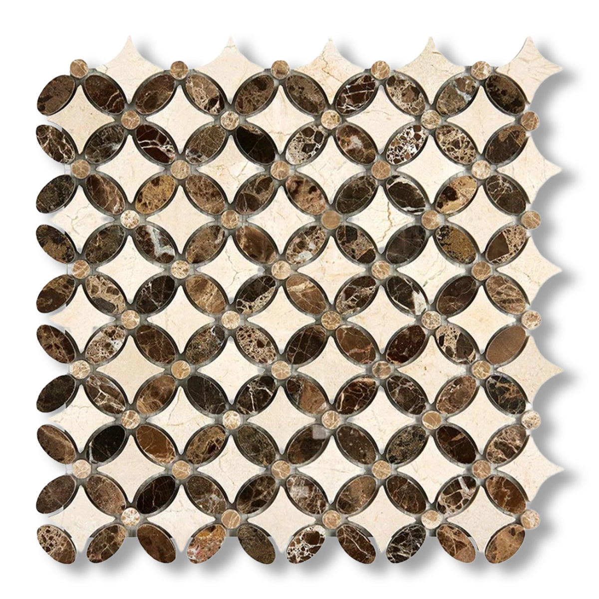 Crema Marfil Marble Polished Florida Flower Mosaic Tile w/ (Crema Marfil, Emp.Light, Emp. Dark) - American Tile Depot