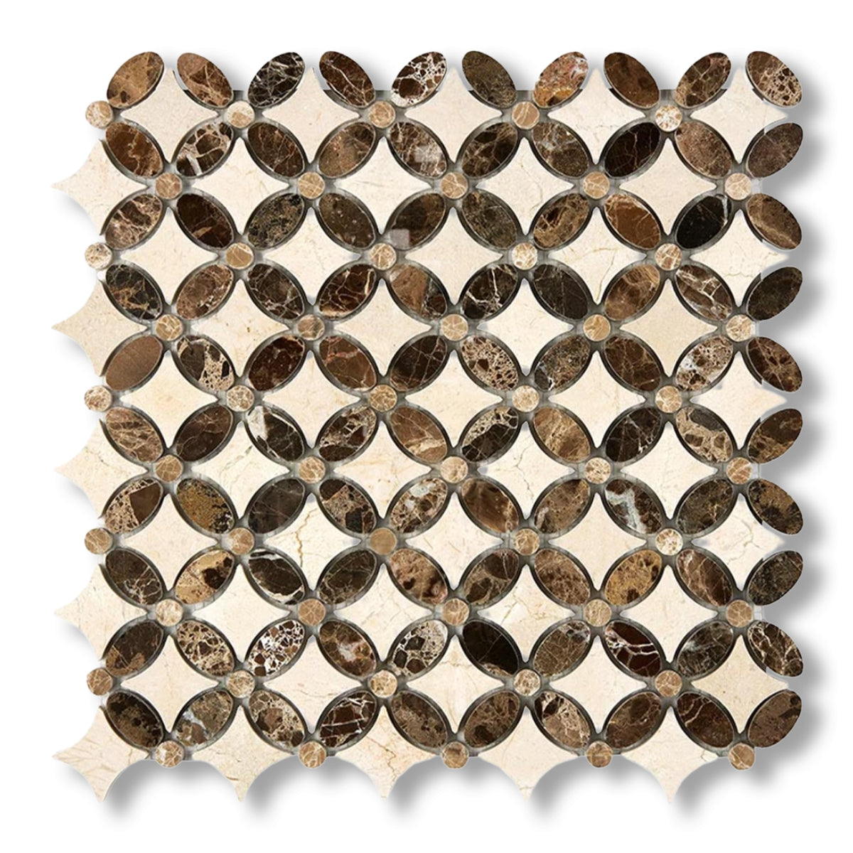 Crema Marfil Marble Honed Florida Flower Mosaic Tile w/ (Crema Marfil, Emp.Light, Emp. Dark) - American Tile Depot
