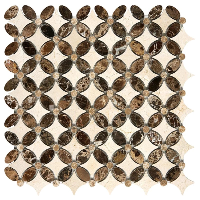 Crema Marfil Marble Honed Florida Flower Mosaic Tile w/ (Crema Marfil, Emp.Light, Emp. Dark) Crema Marfil Marble Honed Florida Flower Mosaic Tile w/ (Crema Marfil, Emp.Light, Emp. Dark) - American Tile Depot