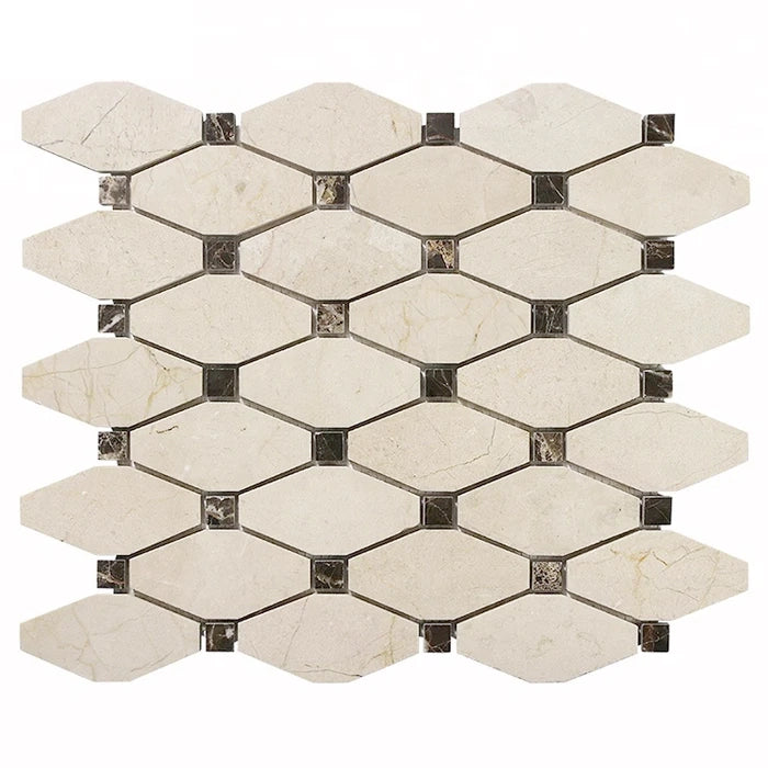Crema Marfil Marble Honed Octave Pattern Mosaic Tile w/ Emperador Dark Dots Crema Marfil Marble Honed Octave Pattern Mosaic Tile w/ Emperador Dark Dots - American Tile Depot