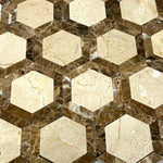 Crema Marfil Marble Polished 2" Vortex Hexagon Mosaic Tile w/ Emperador Dark Border Crema Marfil Marble Polished 2" Vortex Hexagon Mosaic Tile w/ Emperador Dark Border - American Tile Depot