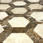 Crema Marfil Marble Polished 2" Vortex Hexagon Mosaic Tile w/ Emperador Dark Border Crema Marfil Marble Polished 2" Vortex Hexagon Mosaic Tile w/ Emperador Dark Border - American Tile Depot
