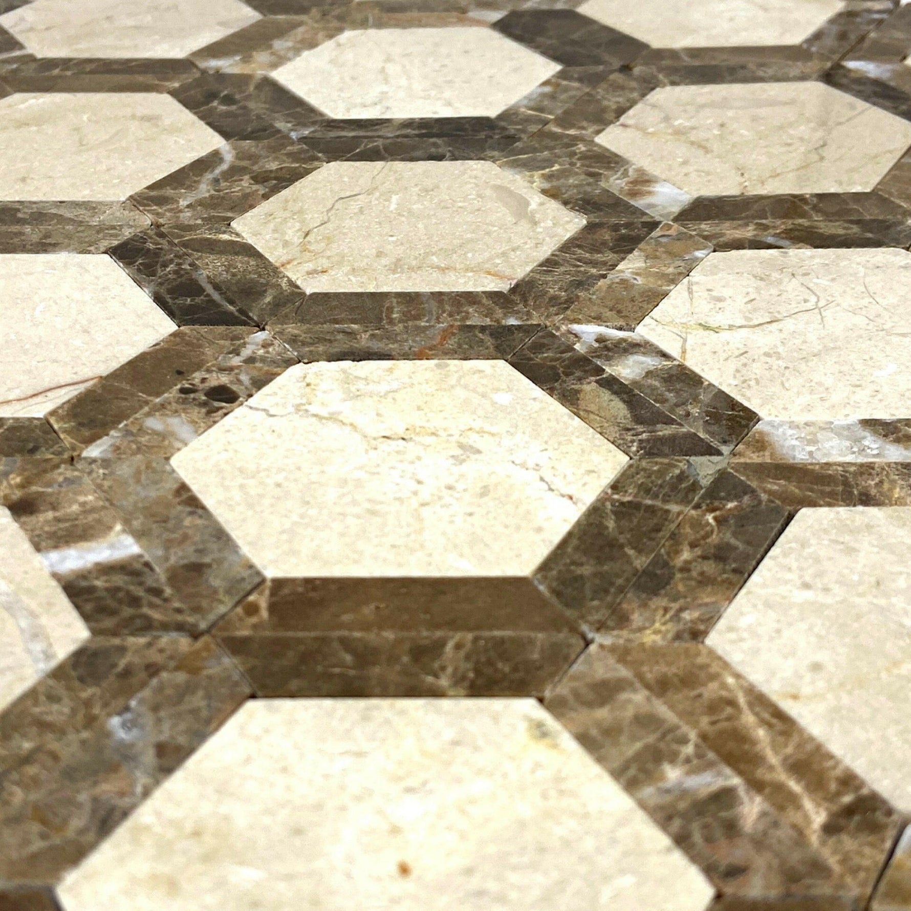 Crema Marfil Marble Polished 2" Vortex Hexagon Mosaic Tile w/ Emperador Dark Border Crema Marfil Marble Polished 2" Vortex Hexagon Mosaic Tile w/ Emperador Dark Border - American Tile Depot