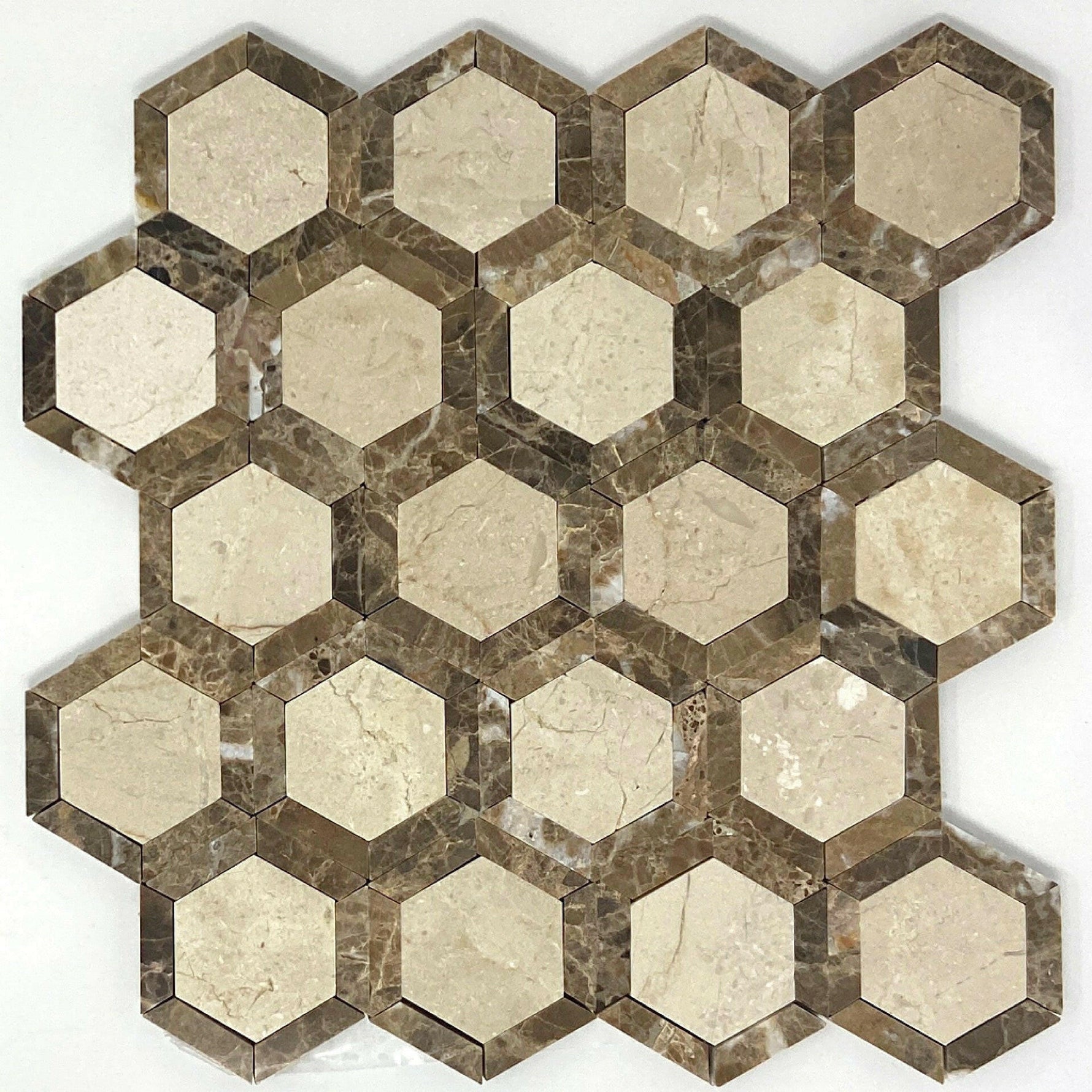 Crema Marfil Marble Polished 2" Vortex Hexagon Mosaic Tile w/ Emperador Dark Border Crema Marfil Marble Polished 2" Vortex Hexagon Mosaic Tile w/ Emperador Dark Border - American Tile Depot