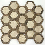 Crema Marfil Marble Polished 2" Vortex Hexagon Mosaic Tile w/ Emperador Dark Border Crema Marfil Marble Polished 2" Vortex Hexagon Mosaic Tile w/ Emperador Dark Border - American Tile Depot