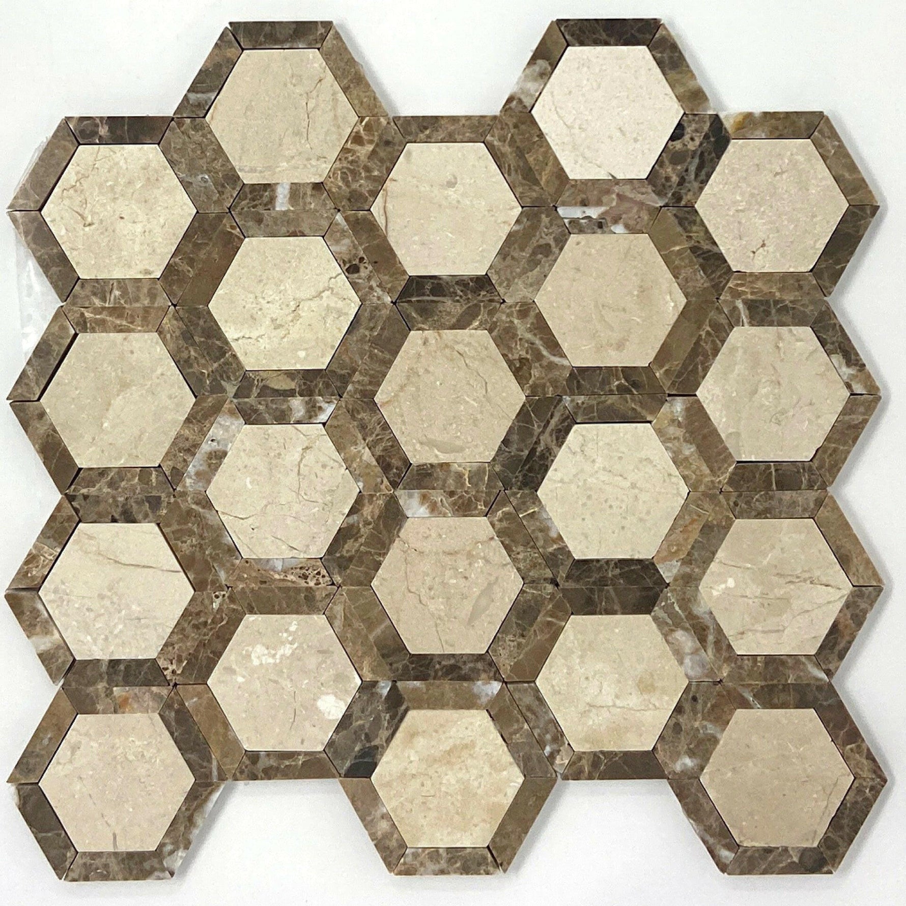 Crema Marfil Marble Polished 2" Vortex Hexagon Mosaic Tile w/ Emperador Dark Border Crema Marfil Marble Polished 2" Vortex Hexagon Mosaic Tile w/ Emperador Dark Border - American Tile Depot