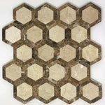 Crema Marfil Marble Polished 2" Vortex Hexagon Mosaic Tile w/ Emperador Dark Border Crema Marfil Marble Polished 2" Vortex Hexagon Mosaic Tile w/ Emperador Dark Border - American Tile Depot