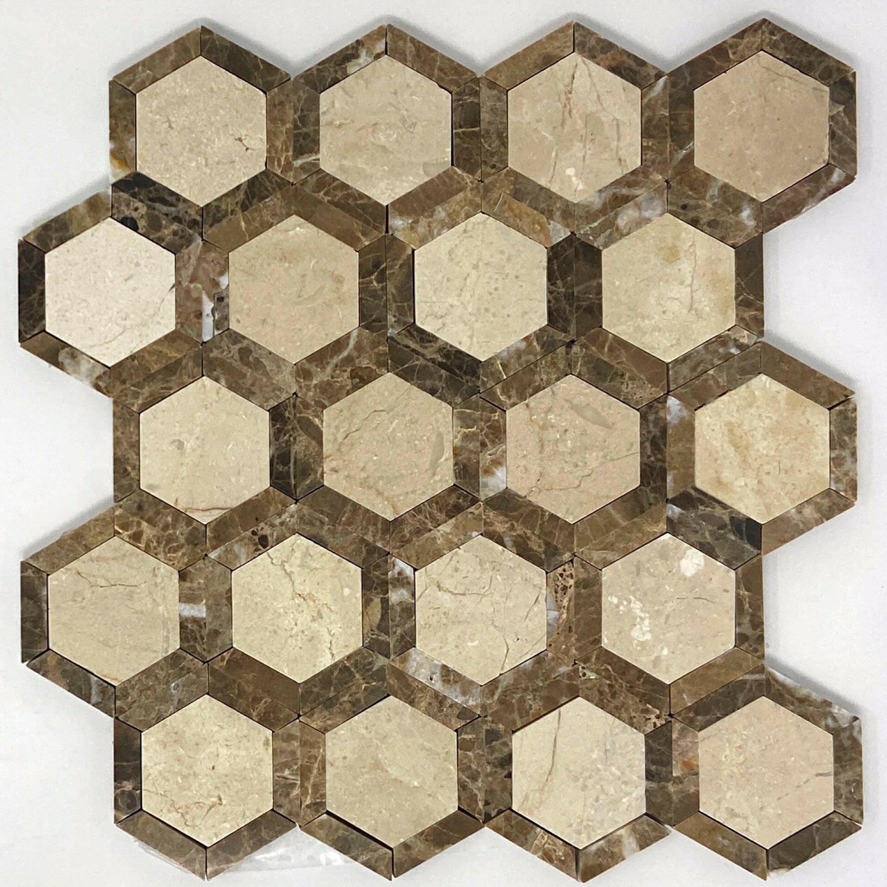 Crema Marfil Marble Polished 2" Vortex Hexagon Mosaic Tile w/ Emperador Dark Border Crema Marfil Marble Polished 2" Vortex Hexagon Mosaic Tile w/ Emperador Dark Border - American Tile Depot