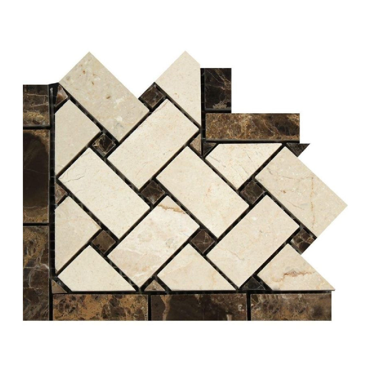 Crema Marfil Marble Polished Basketweave Border Corner Listello w/ Emperador Dark Dots