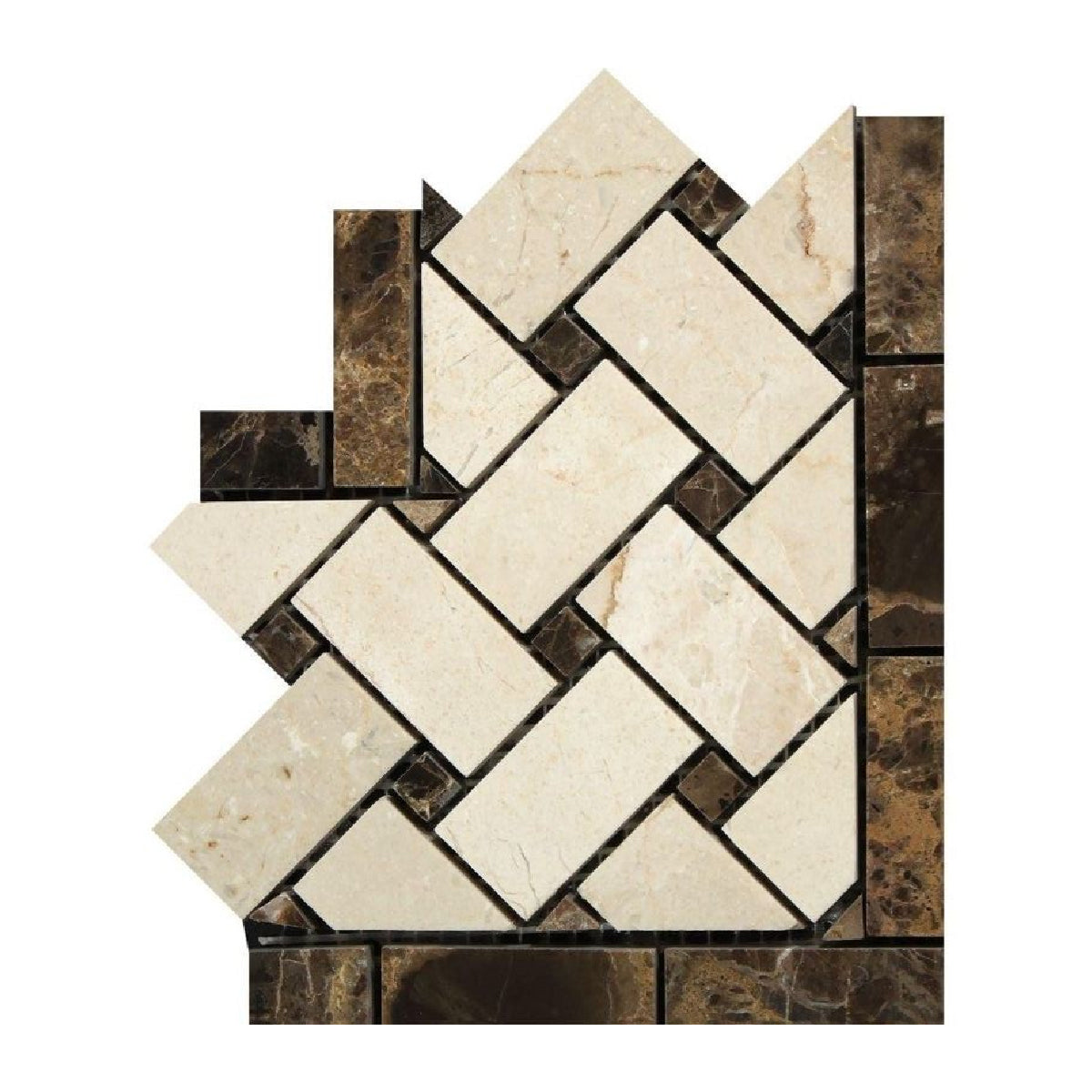 Crema Marfil Marble Polished Basketweave Border Corner Listello w/ Emperador Dark Dots