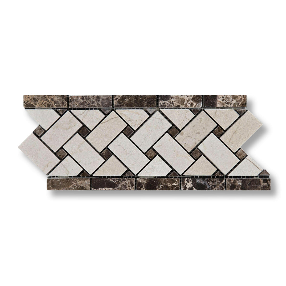Crema Marfil Marble Polished Basketweave Border Listello w/ Emperador Dark Dots - American Tile Depot
