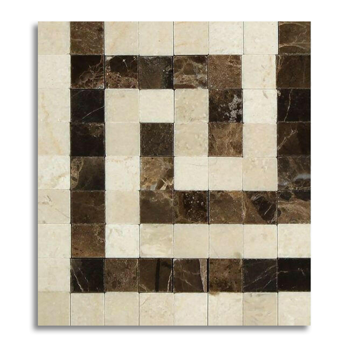 Crema Marfil Marble Polished Greek Key Border Corner Listello w/ Emperador Dark Dots