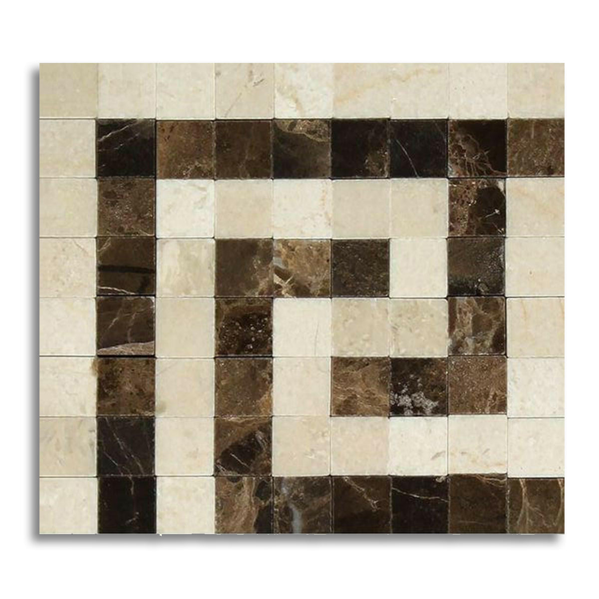 Crema Marfil Marble Polished Greek Key Border Corner Listello w/ Emperador Dark Dots