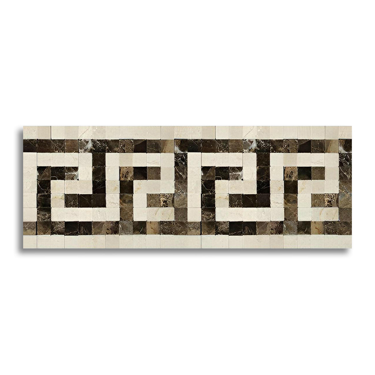 Crema Marfil Marble Polished Greek Key Border Listello w/ Emperador Dark Dots