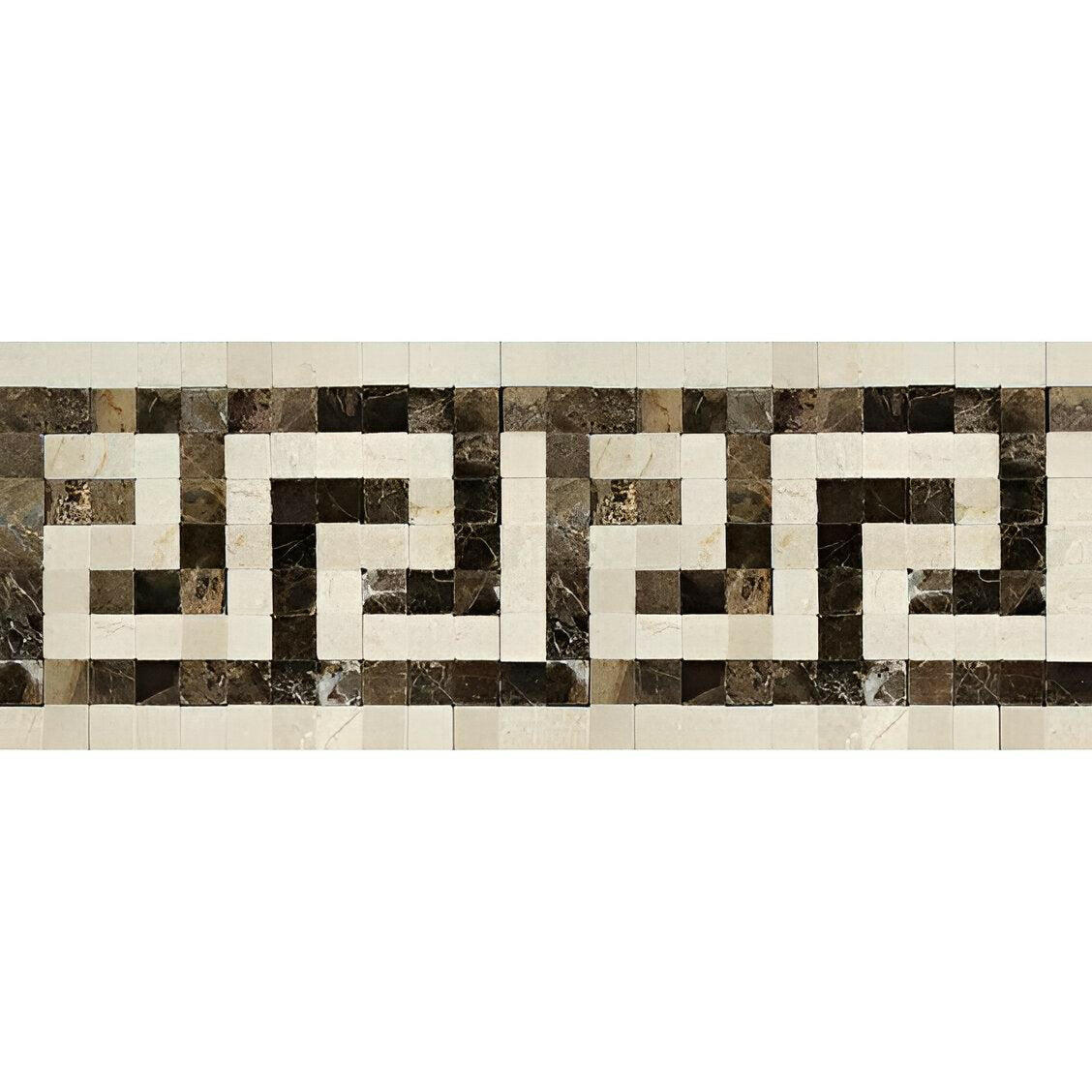 Crema Marfil Marble Polished Greek Key Border Listello w/ Emperador Dark Dots Crema Marfil Marble Polished Greek Key Border Listello w/ Emperador Dark Dots - American Tile Depot
