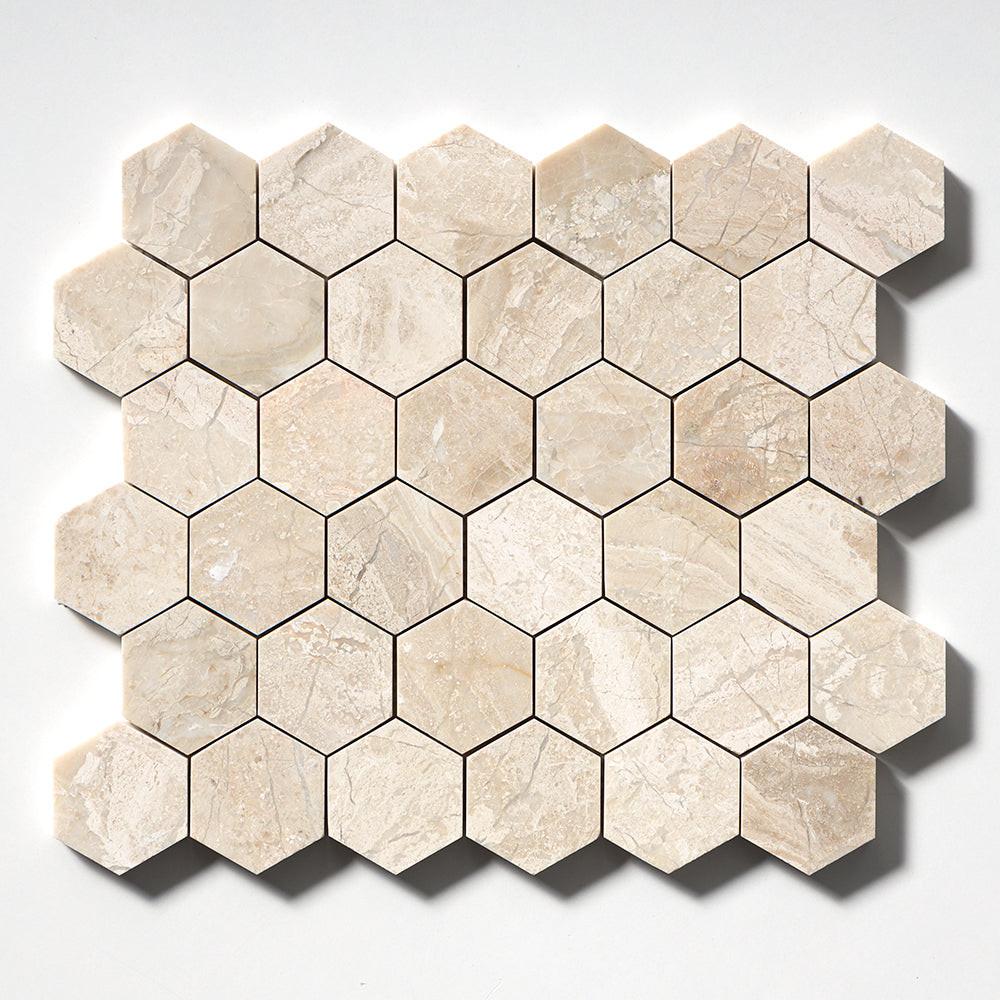 Diano Royal (Queen Beige) Marble Polished 2" Hexagon Mosaic Tile Diano Royal (Queen Beige) Marble Polished 2" Hexagon Mosaic Tile - American Tile Depot