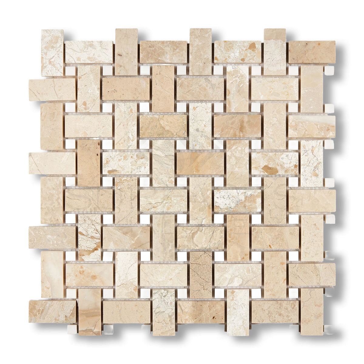Diano Royal (Queen Beige) Marble Polished Basketweave Mosaic Tile w/ White Dolomite Dots - American Tile Depot