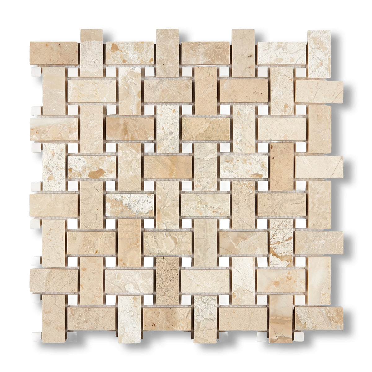 Diano Royal (Queen Beige) Marble Polished Basketweave Mosaic Tile w/ White Dolomite Dots - American Tile Depot