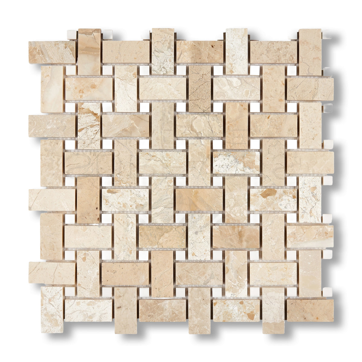 Diano Royal (Queen Beige) Marble Polished Basketweave Mosaic Tile w/ White Dolomite Dots - American Tile Depot