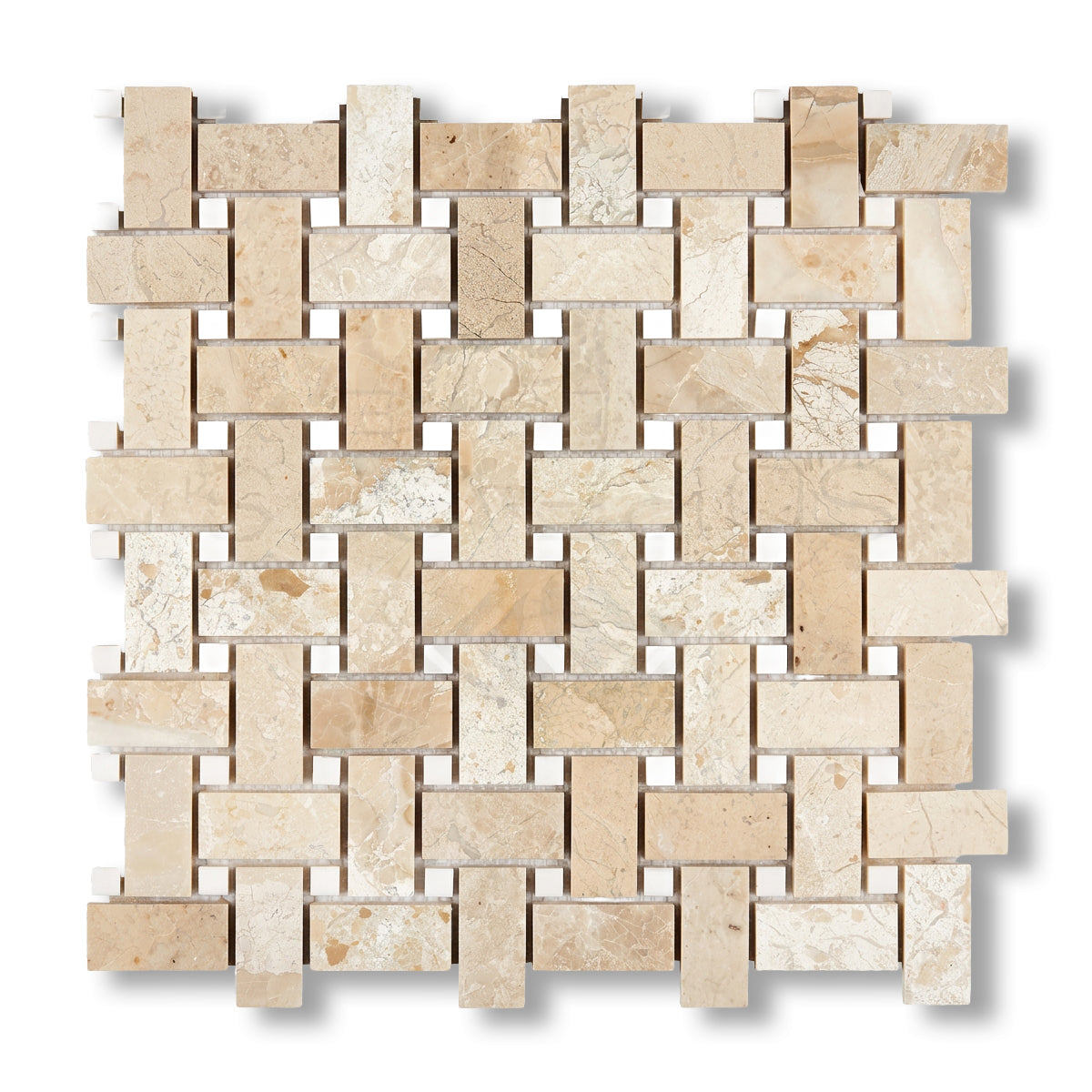 Diano Royal (Queen Beige) Marble Polished Basketweave Mosaic Tile w/ White Dolomite Dots - American Tile Depot