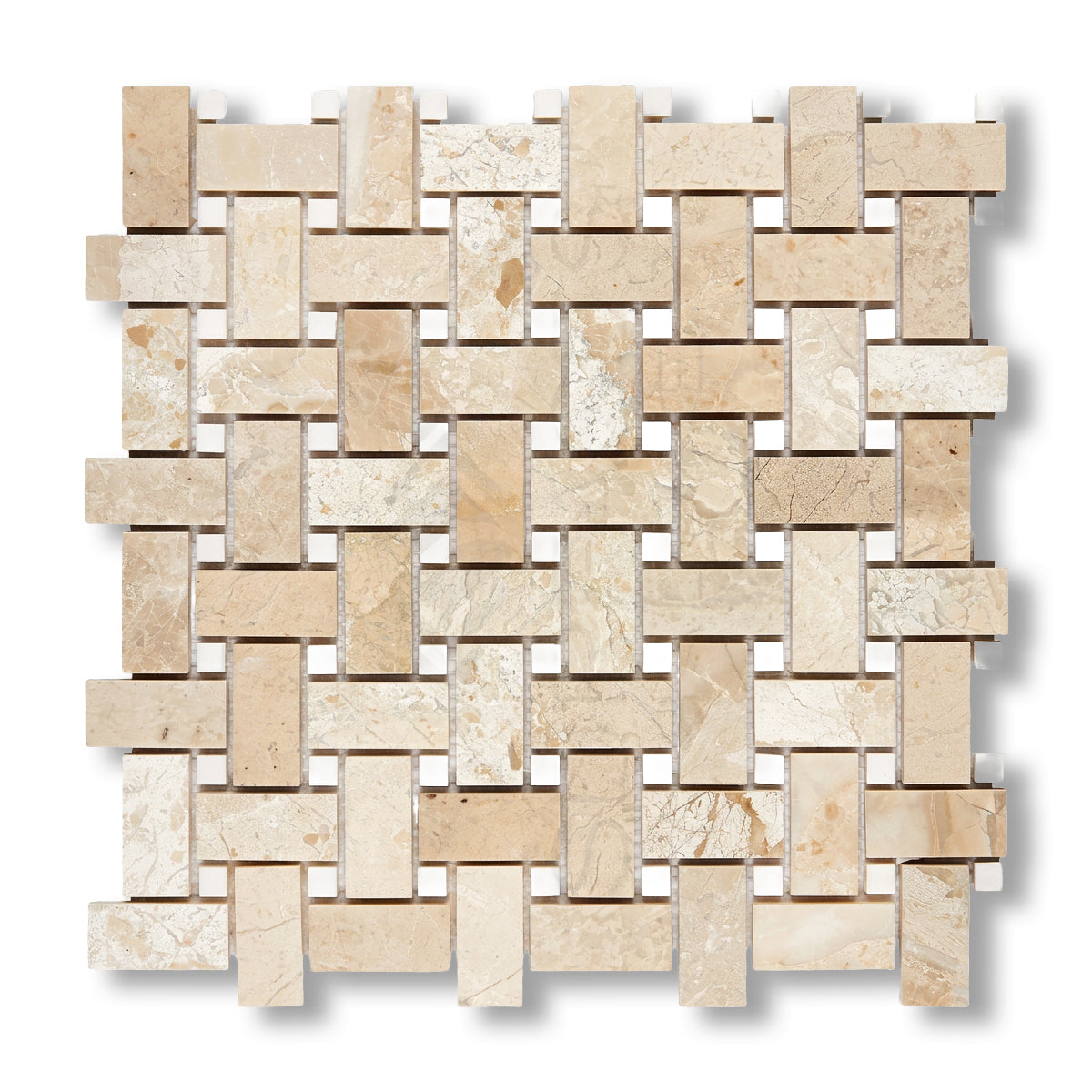 Diano Royal (Queen Beige) Marble Polished Basketweave Mosaic Tile w/ White Dolomite Dots - American Tile Depot