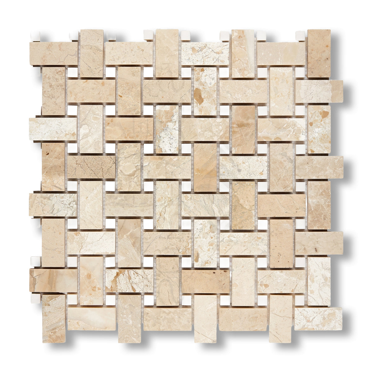 Diano Royal (Queen Beige) Marble Polished Basketweave Mosaic Tile w/ White Dolomite Dots - American Tile Depot