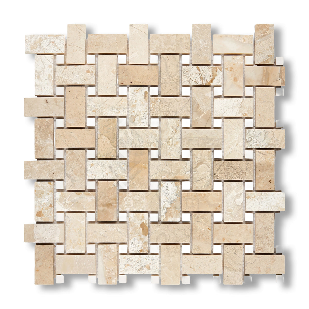 Diano Royal (Queen Beige) Marble Polished Basketweave Mosaic Tile w/ White Dolomite Dots - American Tile Depot