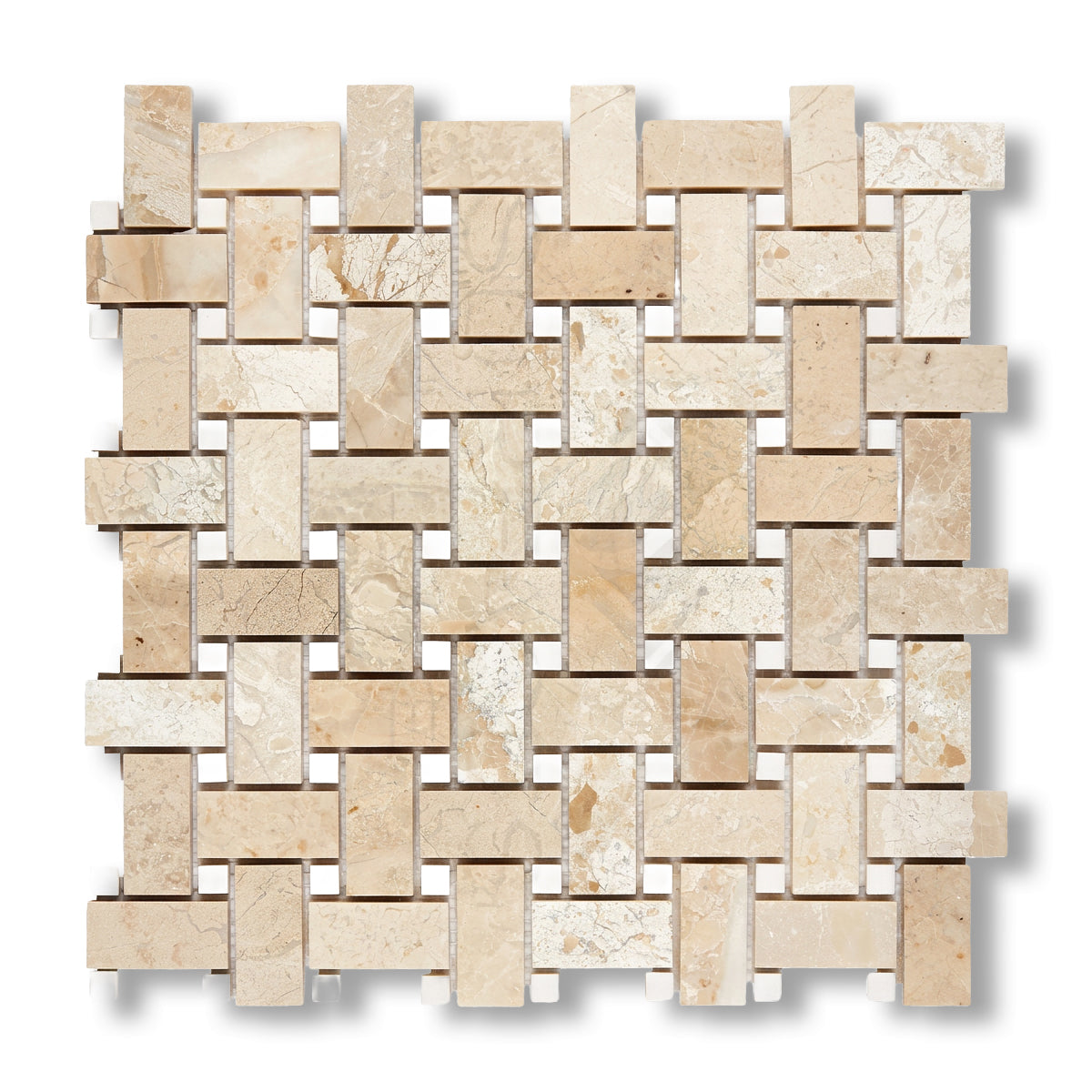 Diano Royal (Queen Beige) Marble Polished Basketweave Mosaic Tile w/ White Dolomite Dots - American Tile Depot