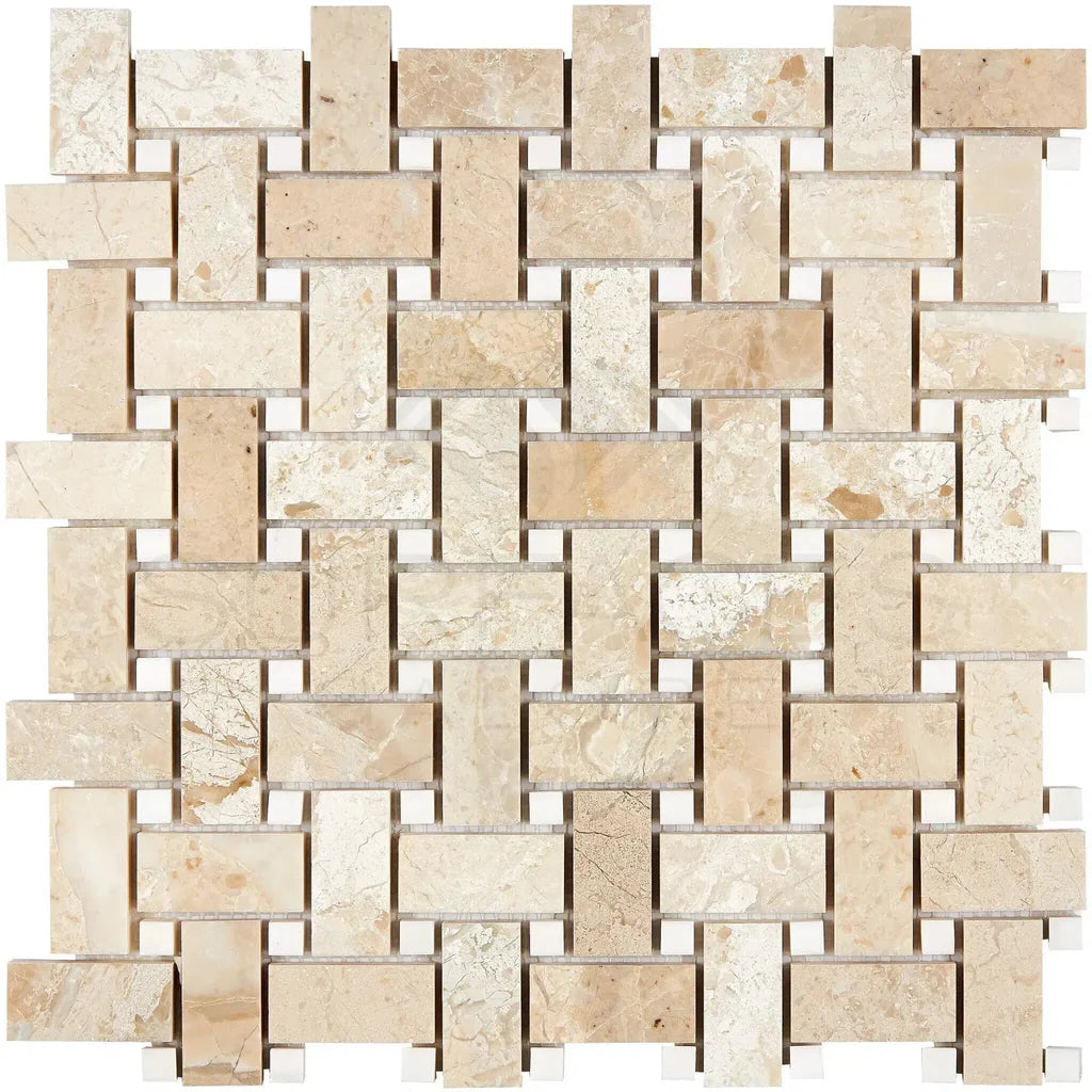 Diano Royal (Queen Beige) Marble Polished Basketweave Mosaic Tile w/ White Dolomite Dots Diano Royal (Queen Beige) Marble Polished Basketweave Mosaic Tile w/ White Dolomite Dots - American Tile Depot