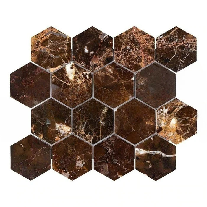 Emperador Dark Marble Polished 3" Hexagon Mosaic Tile Emperador Dark Marble Polished 3" Hexagon Mosaic Tile - American Tile Depot