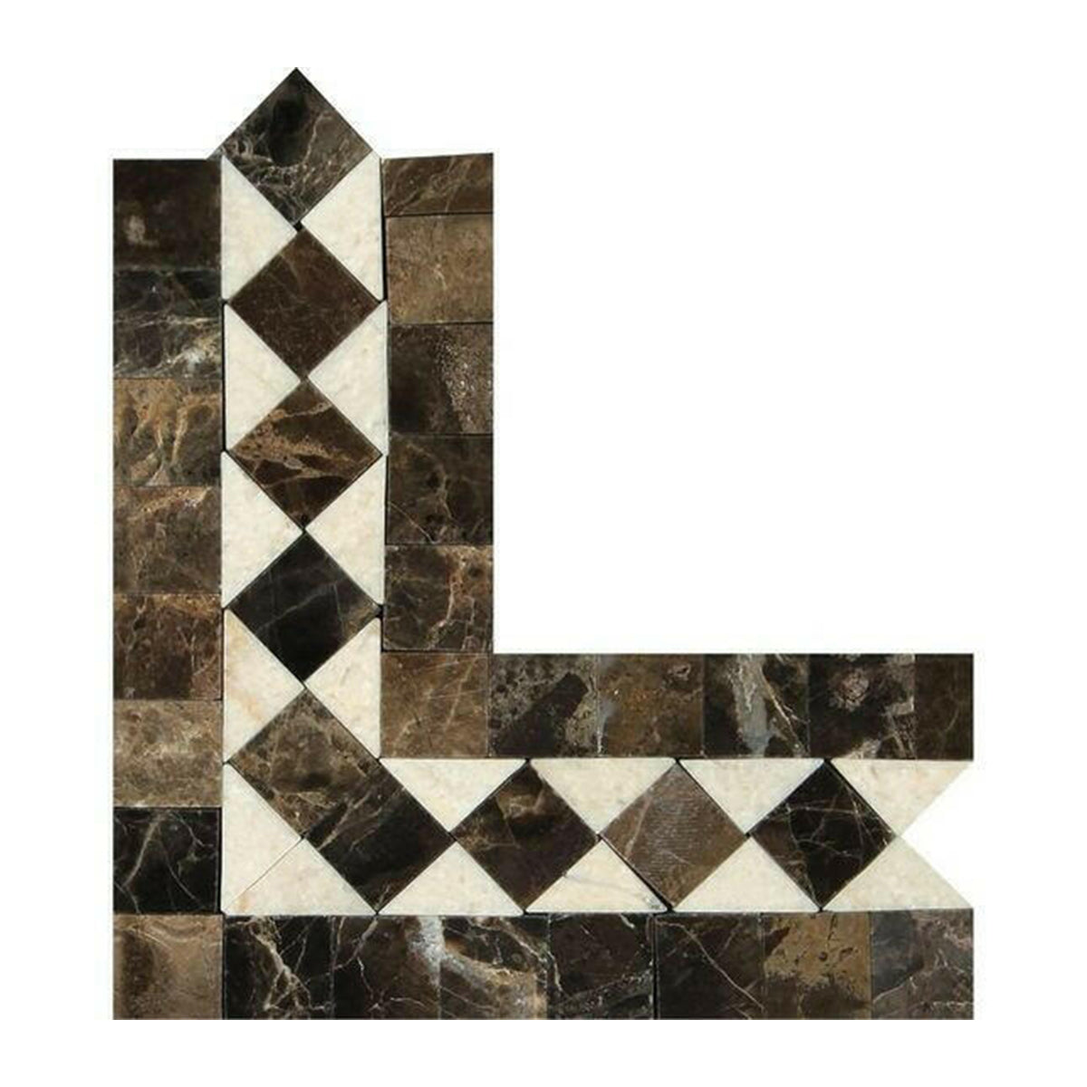 Emperador Dark Marble Polished BIAS Border Corner Listello w/ Crema Marfil Dots